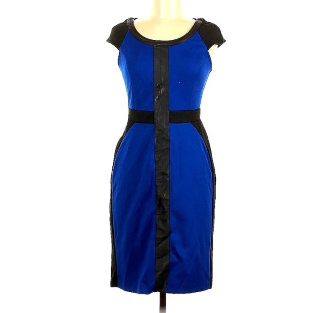 NWT ECI 6 blue & black color block‎ vegan leather trim retro pencil skirt dress